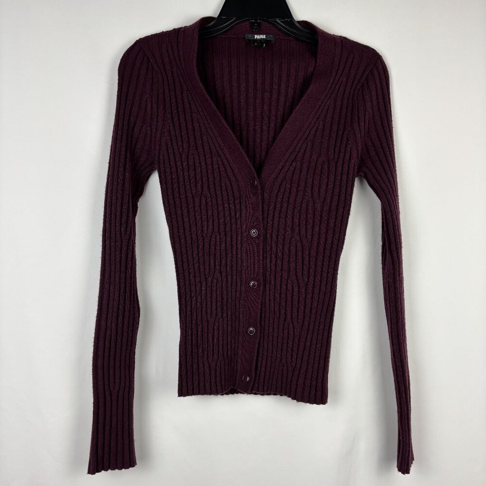 XS Button Up Cardigan V Neck Long Sleeve Soft Stretch Paige Shirin Ribbed Top - Picture 2 of 10